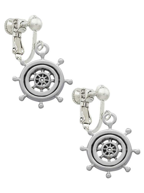 Antiqued Ship Wheel Clip On Earrings