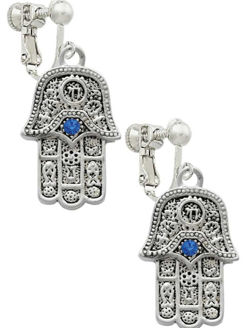 Hamsa Hand with Blue Crystal Clip On Earrings