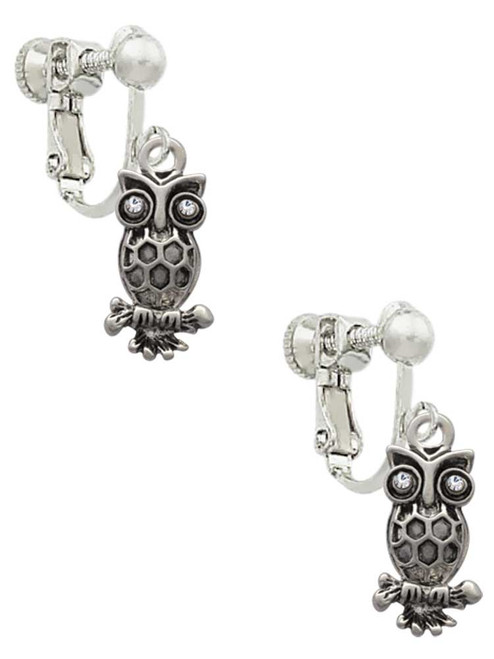 Antiqued Owl with Clear Crystal Eyes Clip On Earrings
