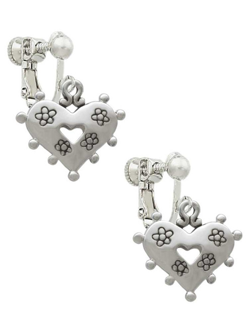 Large Heart with Flowers Clip On Earrings