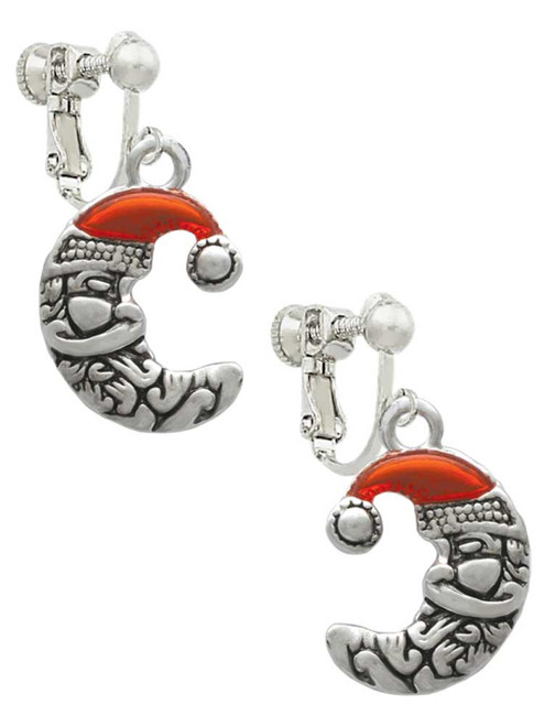 Small Crescent Moon Santa Clip On Earrings