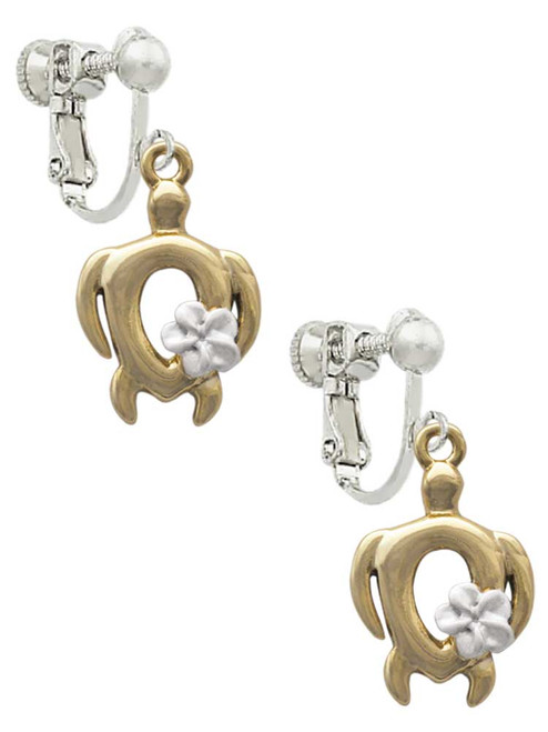 Open Gold Tone Sea Turtle with White Plumeria Clip On Earrings