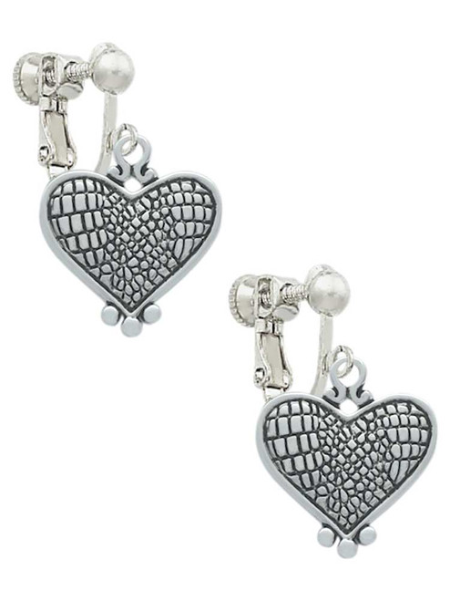 Antiqued Snake Print Heart Clip On Earrings