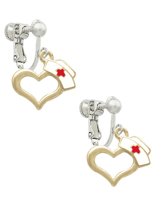 Gold Tone Open Heart with Nurse Hat Clip On Earrings