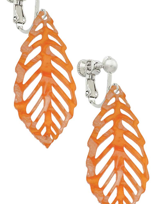 Acrylic Large Leaf Pearly Orange Clip On Earrings