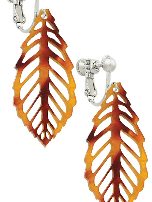 Acrylic Large Leaf Orange Mixed Brown and Yellow Clip On Earrings