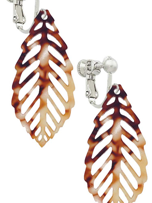 Acrylic Large Leaf Mixed Brown and Yellow Clip On Earrings