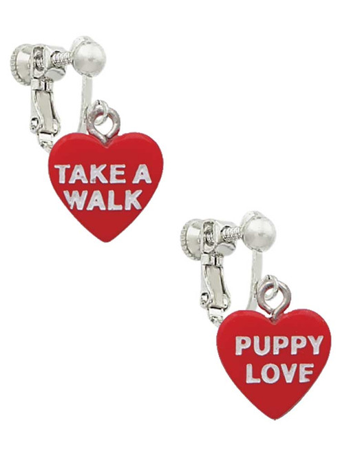 Acrylic Red "Puppy Love / Take a Walk" Heart Clip On Earrings