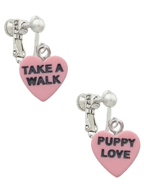 Acrylic Pink "Puppy Love / Take a Walk" Heart Clip On Earrings