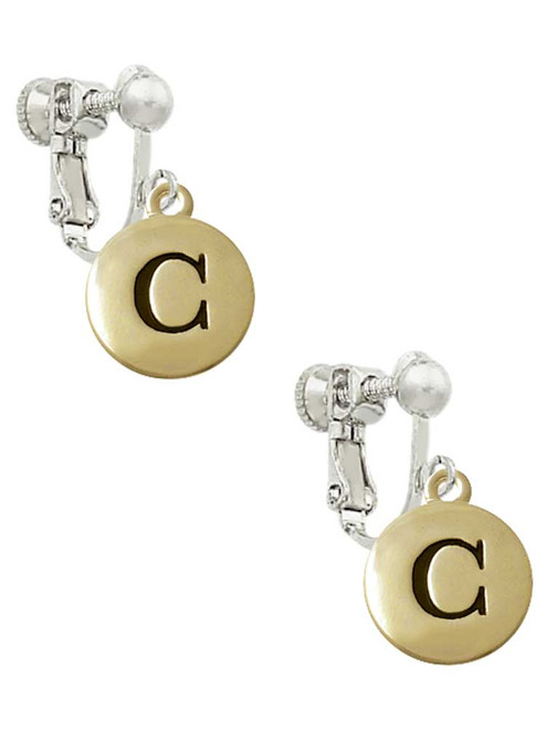 Capital Gold Tone Letter - C - Pebble Disc - Clip On Earrings