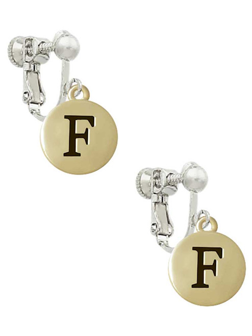Capital Gold Tone Letter - F - Pebble Disc - Clip On Earrings
