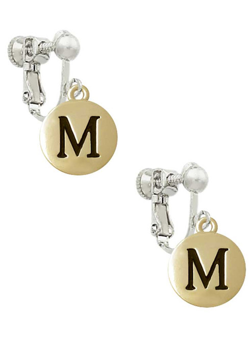 Capital Gold Tone Letter - M - Pebble Disc - Clip On Earrings