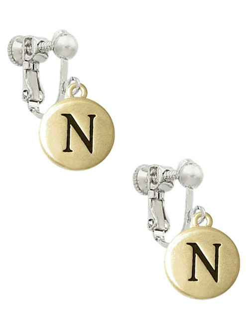 Capital Gold Tone Letter - N - Pebble Disc - Clip On Earrings