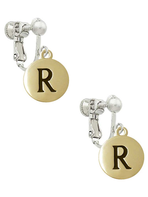 Capital Gold Tone Letter - R - Pebble Disc - Clip On Earrings