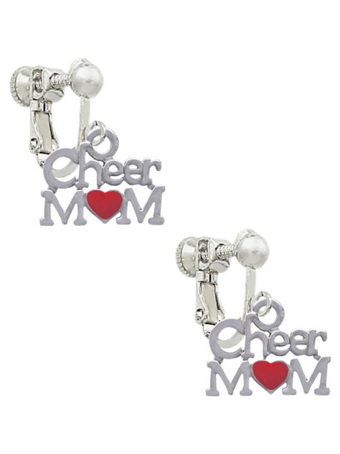 Cheer Mom with Red Heart Clip On Earrings