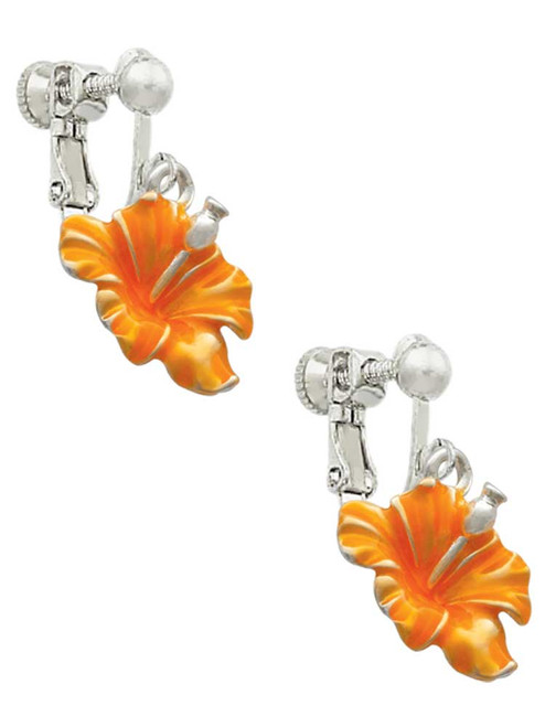 Hot Orange Hibiscus Flower Clip On Earrings