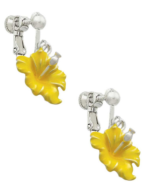 Yellow Hibiscus Flower Clip On Earrings
