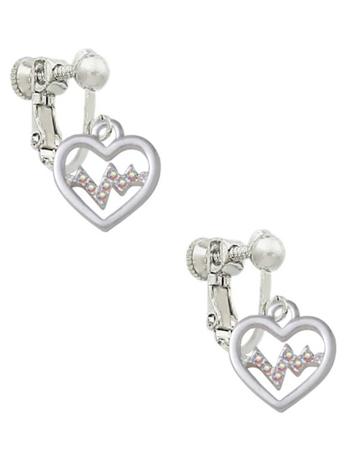 Heart with AB Crystal Heartbeat Clip On Earrings