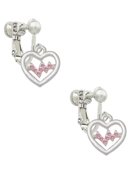 Heart with Pink Crystal Heartbeat Clip On Earrings