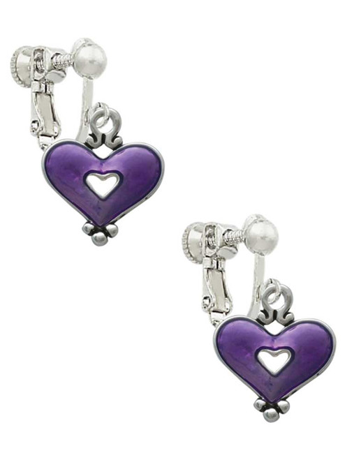 Hot Purple Enamel Heart with Cutout Clip On Earrings