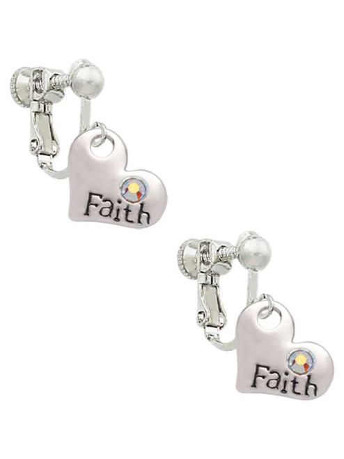 Faith Heart with AB Crystal Clip On Earrings