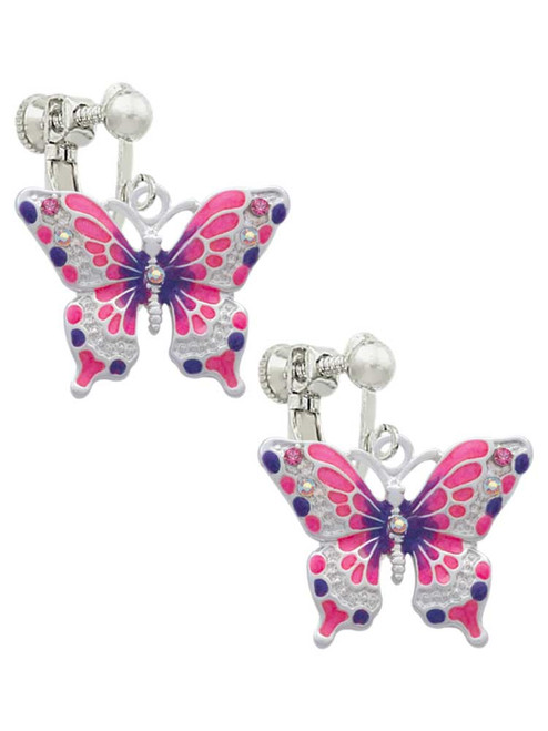 Large Hot Pink & Purple Butterfly Clip On Earrings