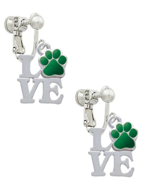 Love with Green Paw Clip On Earrings
