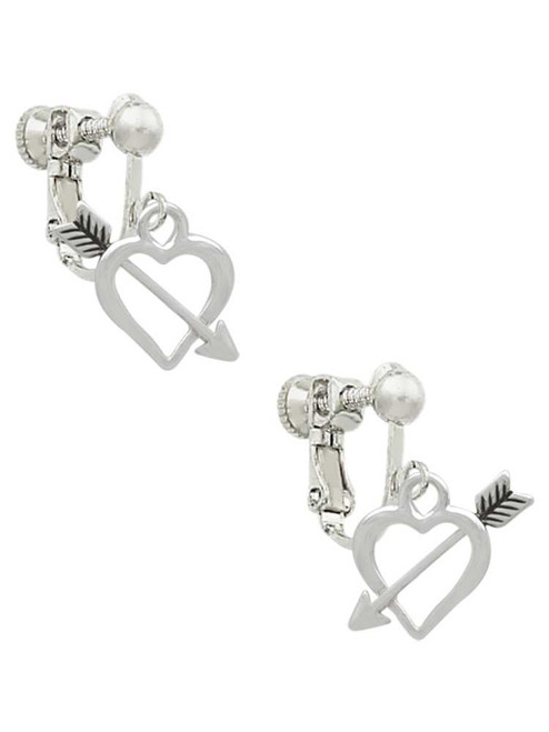 Open Heart with Feathered Arrow Clip On Earrings