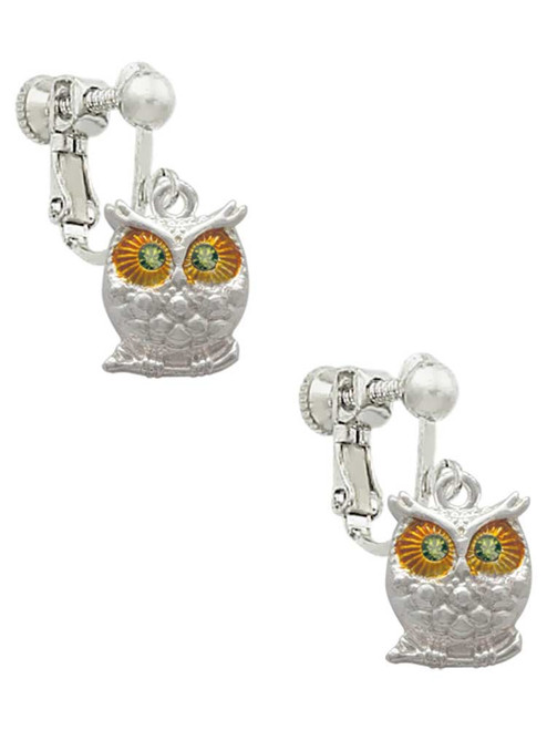 Owl with Lime Green Crystal Eyes Clip On Earrings