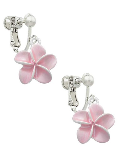 Pink Plumeria Flower Clip On Earrings