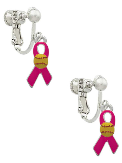Hot Pink Ribbon with Softball Clip On Earrings