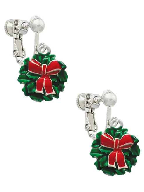 Enamel Wreath with Bow Clip On Earrings
