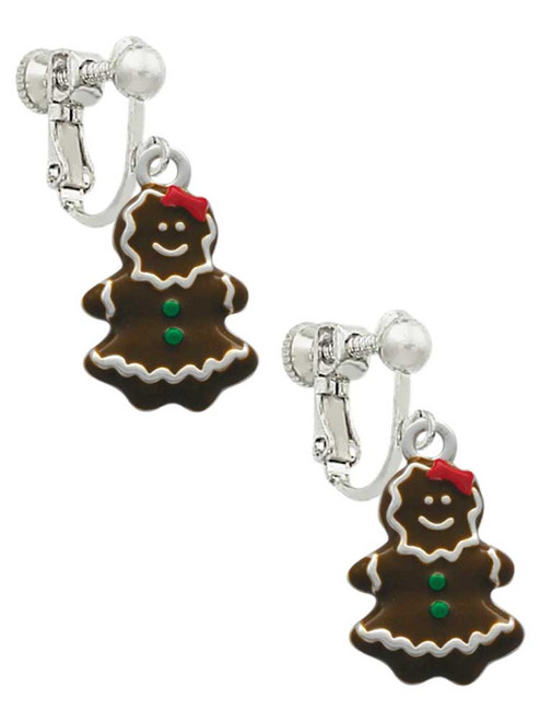 Enamel Gingerbread Girl Clip On Earrings
