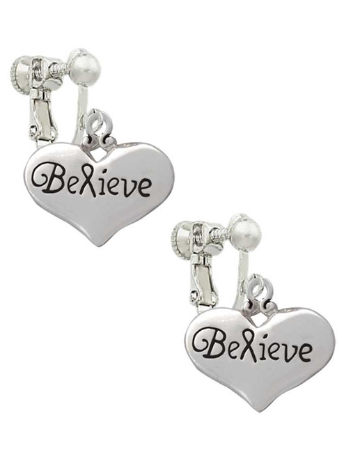 Large Believe with Ribbon Heart Clip On Earrings