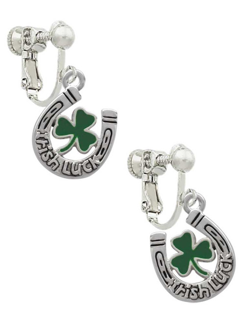 Irish Luck Horseshoe with Shamrock Clip On Earrings