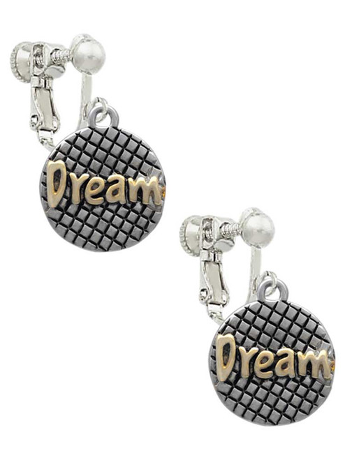Gold Tone ''Dream'' on Hatched Disc Clip On Earrings
