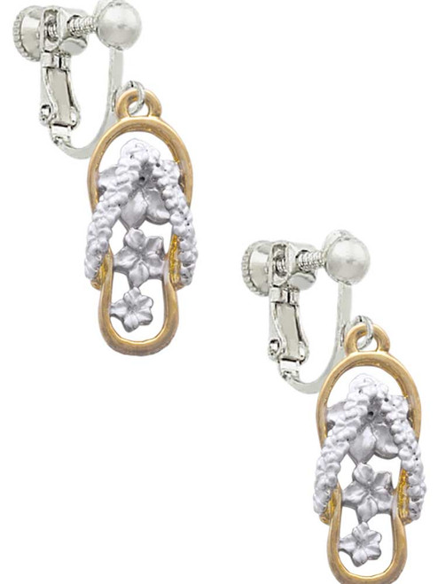 White Open Gold Tone Plumeria Flip Flop Clip On Earrings