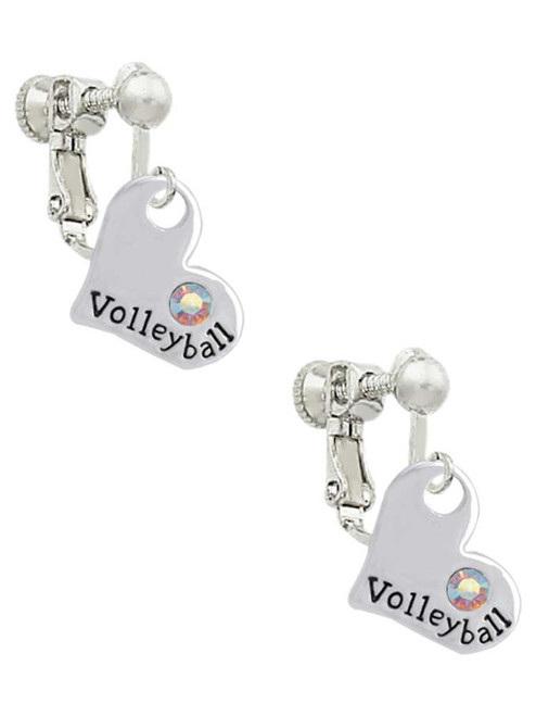 Heart with ''Volleyball'' and AB Crystal Clip On Earrings