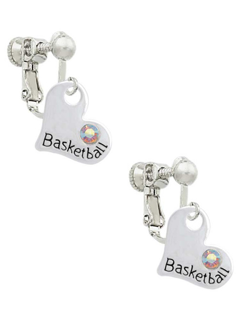 Heart with ''Basketball'' and AB Crystal Clip On Earrings