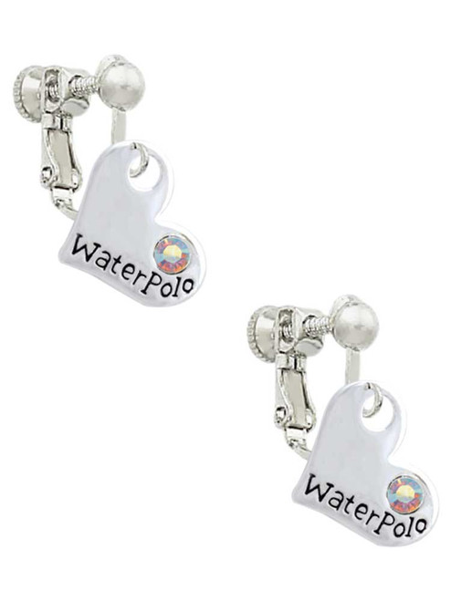 Heart with ''Water Polo'' and AB Crystal Clip On Earrings