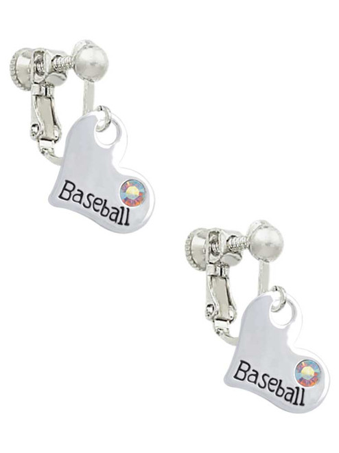 Heart with ''Baseball'' and AB Crystal Clip On Earrings