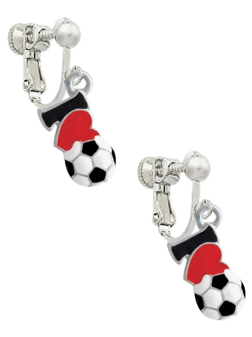 I love Soccer - Red Heart Clip On Earrings