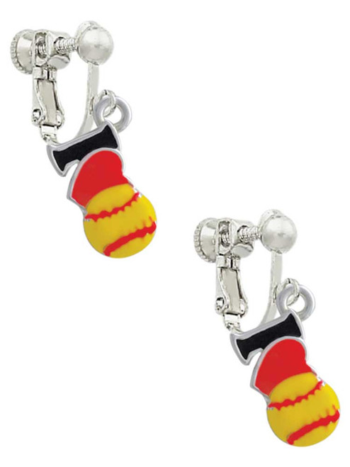 I love Softball - Red Heart Clip On Earrings