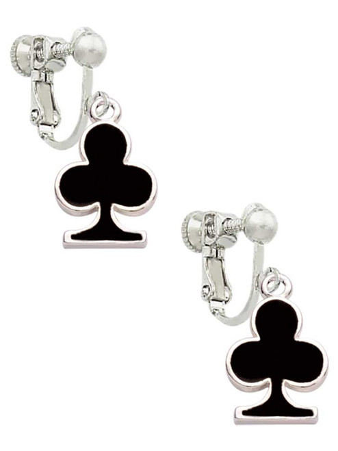 Card Suit - Black Club Clip On Earrings