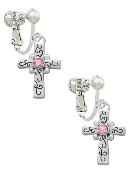 Scroll Cross with Pink Crystal Clip On Earrings