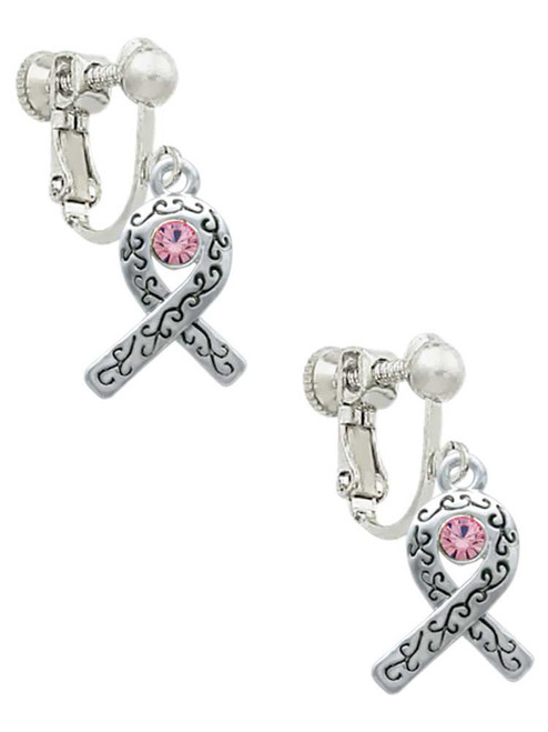 Scroll Ribbon with Pink Crystal Clip On Earrings