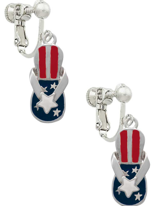 USA Patriotic Flip Flop with White Star Clip On Earrings
