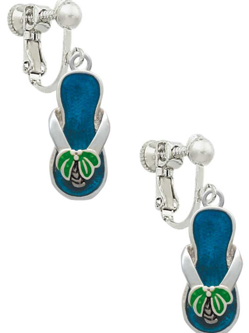Tropical Blue Flip Flop with Palm Tree Clip On Earrings