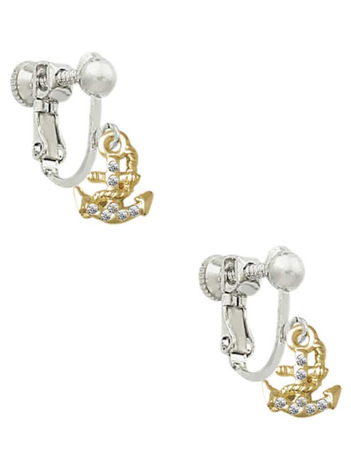 Gold Tone Mini Crystal Anchor Clip On Earrings