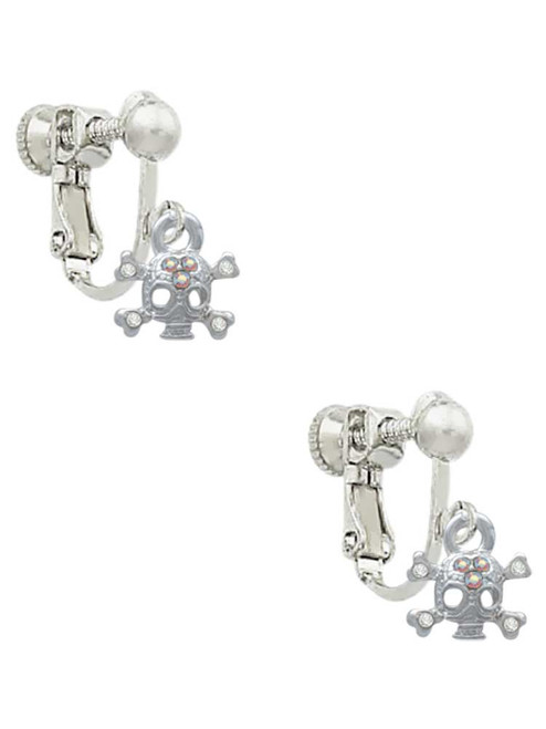 Mini Skull and Bones with 3 AB Crystals Clip On Earrings
